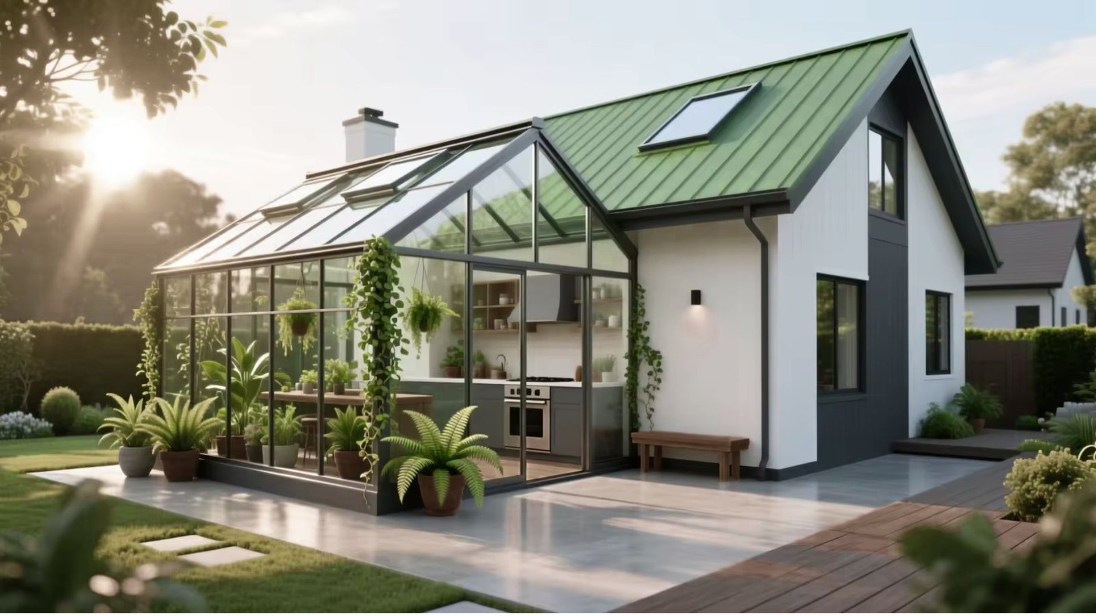 A contemporary home featuring a greenhouse and a spacious patio for outdoor relaxation and gardening.