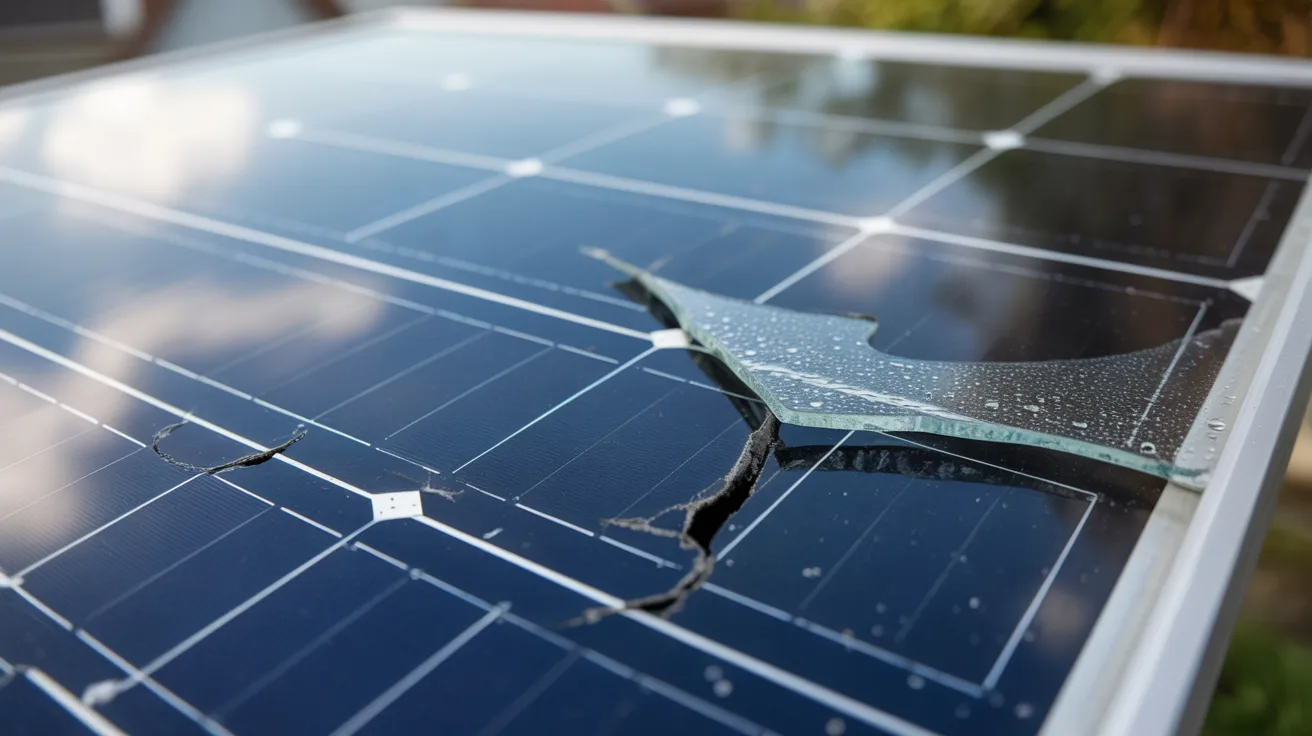 Close-up of a cracked solar panel showing physical damage and moisture risk