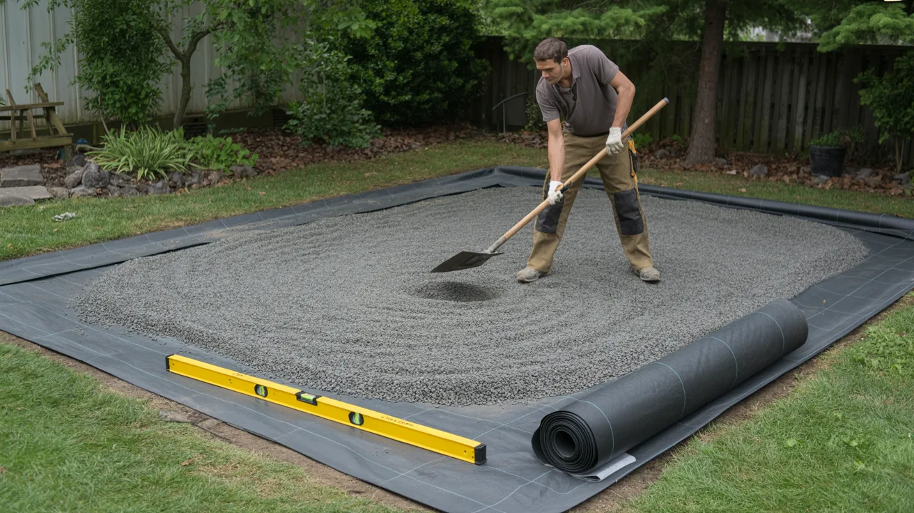A man shovels dirt while constructing a concrete patio in a residential outdoor space.