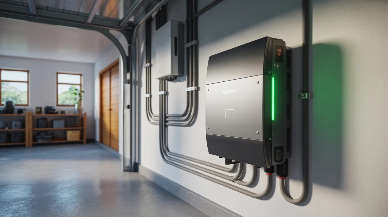 Solar inverter mounted on a wall showing normal operating status