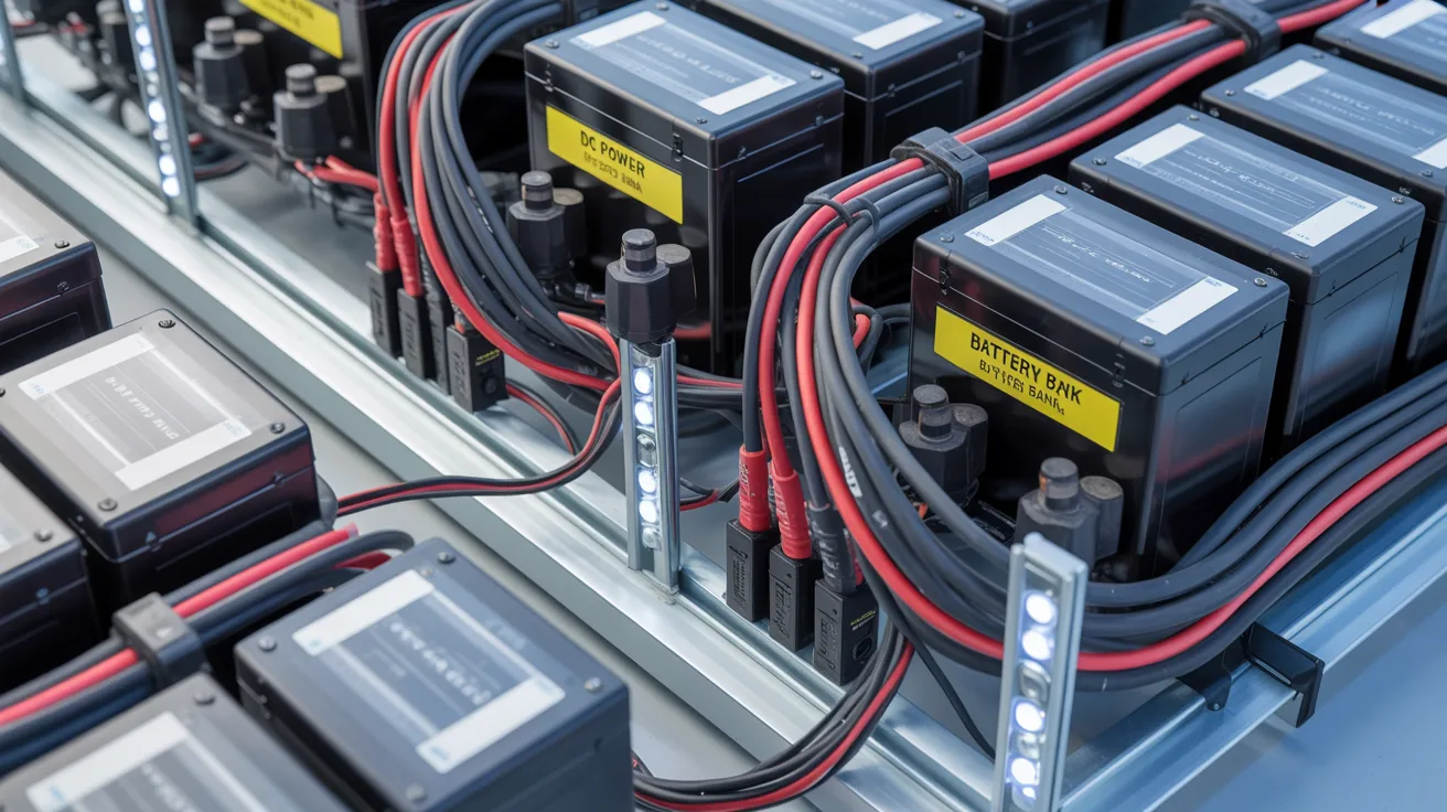 A row of batteries neatly organized on shelves in a storage room.