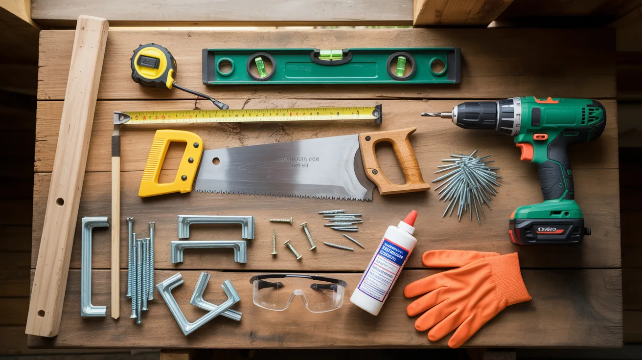 Basic DIY tools and materials laid out on a workbench for building a greenhouse from old windows