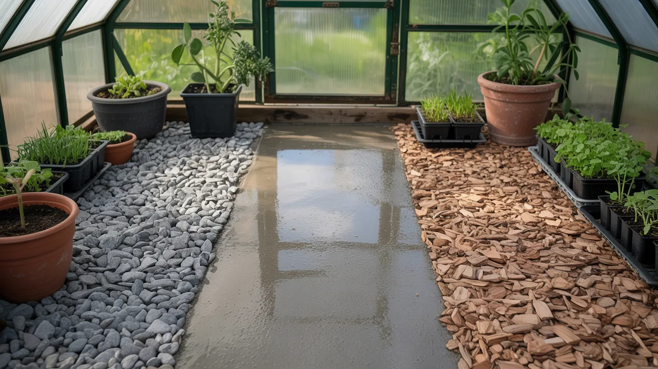 Three greenhouse flooring options shown side by side including gravel, concrete, and wood chips