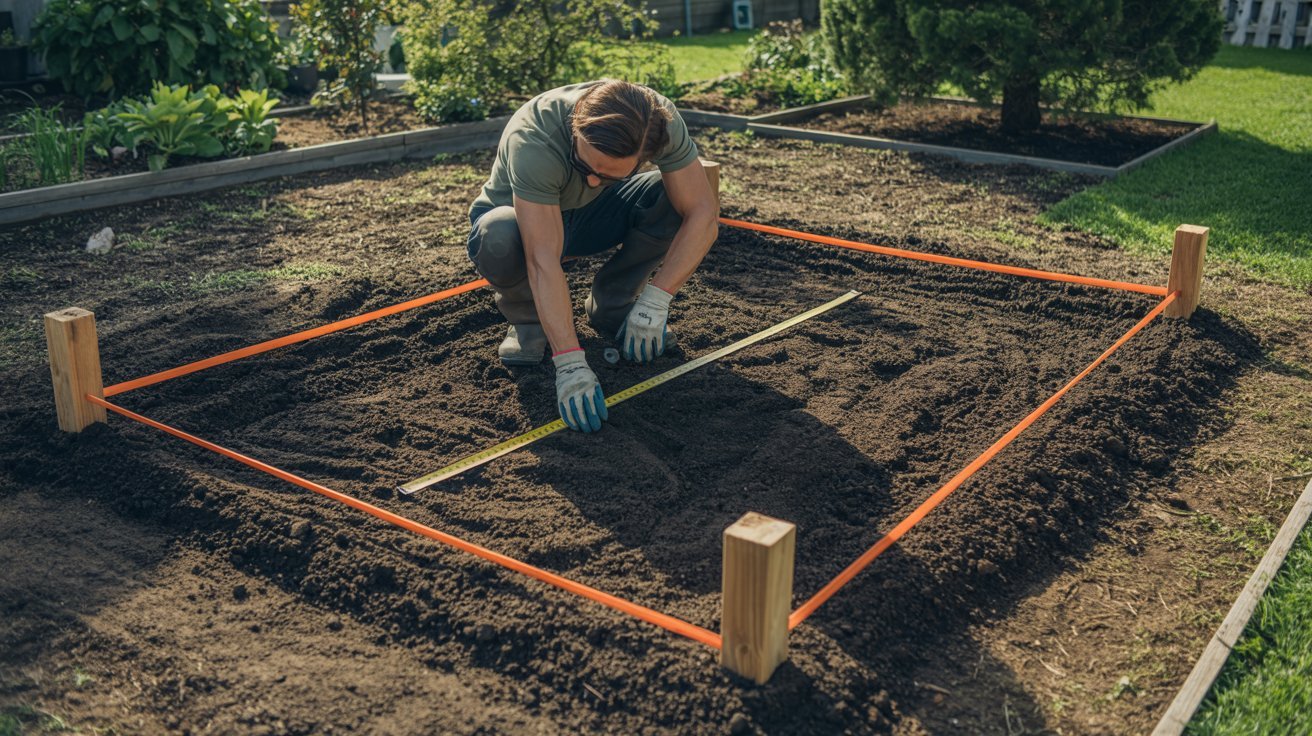 Marking and preparing the ground for a greenhouse foundation.
