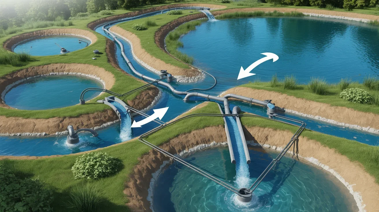 Pond loop geothermal system with submerged underground pipes installed in a lake beside a residential property.