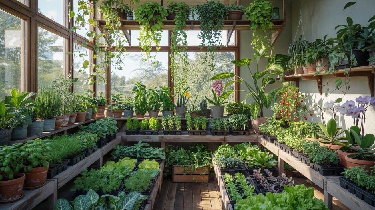 Healthy herbs, vegetables, and tropical plants growing inside a greenhouse room.