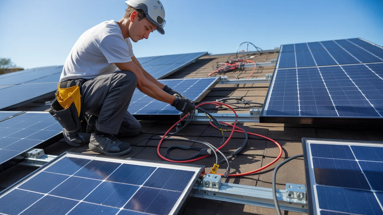 Technician connecting rooftop solar panels using series and parallel wiring with visible cables and connectors