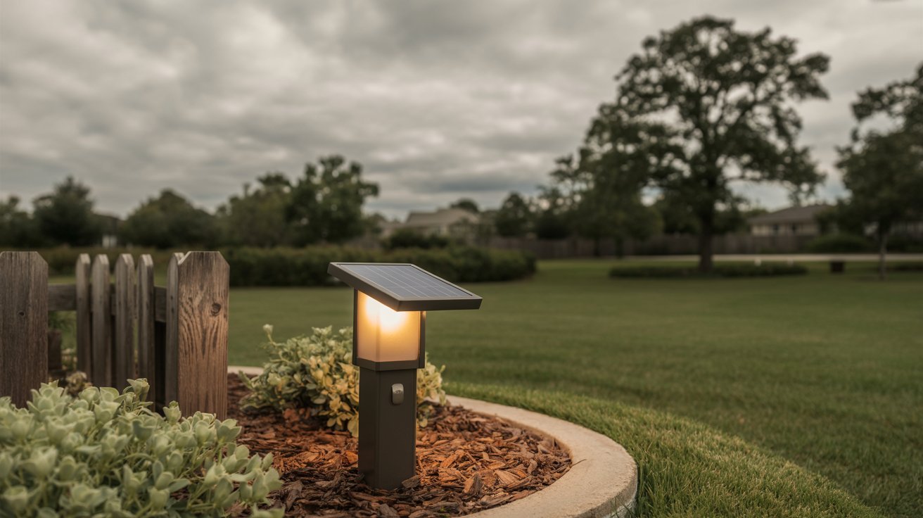 Solar garden light charging under cloudy sky without direct sunlight
