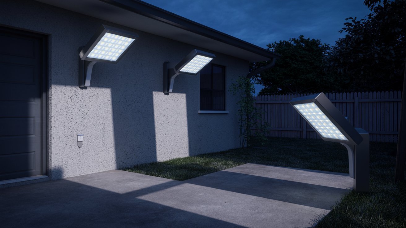 A house featuring three outdoor lights mounted on its side, illuminating the exterior in a warm glow.