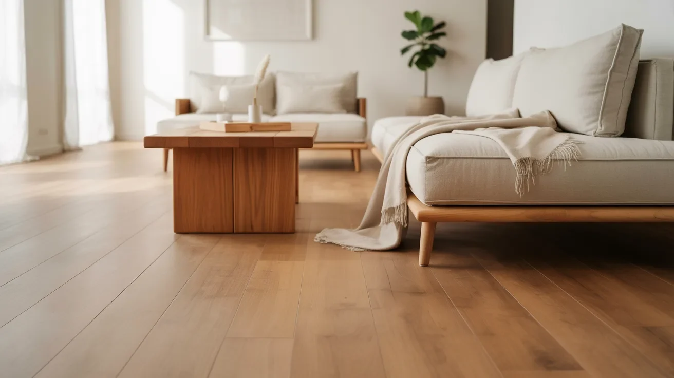 A bright living room featuring wooden floors and elegant white furniture, creating a modern and inviting atmosphere.
