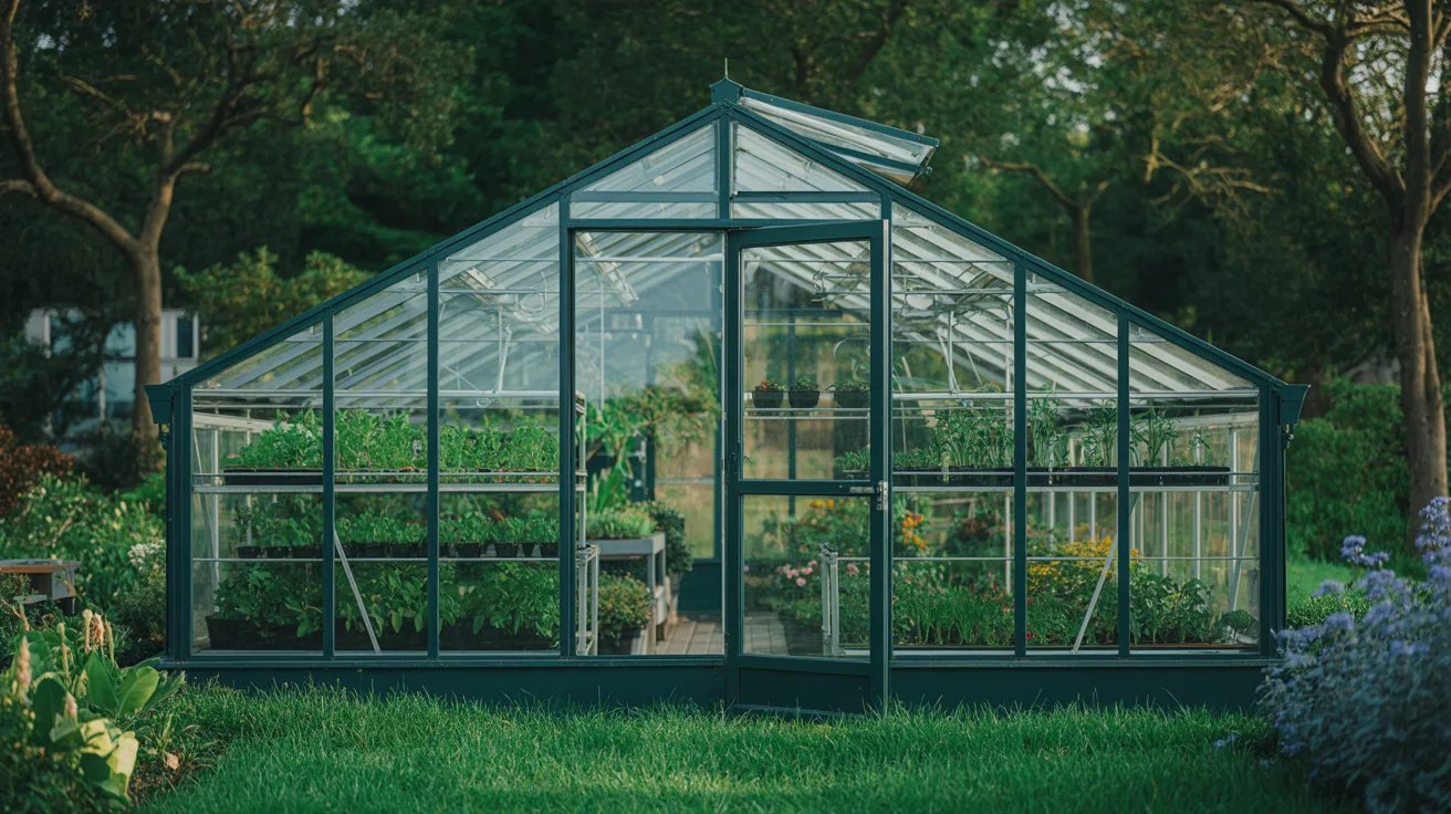 A greenhouse filled with various plants thriving under natural light.