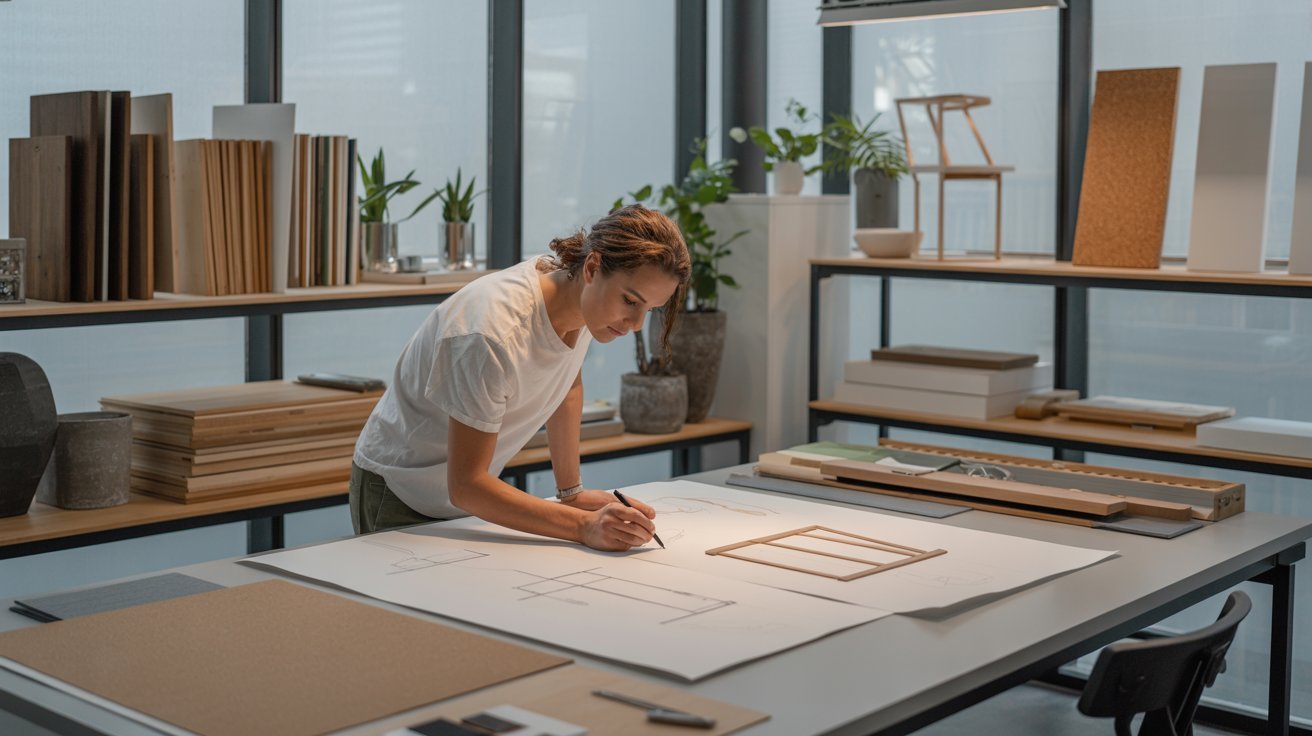 Furniture designer sketching eco-friendly furniture concepts in a modern sustainable design studio.