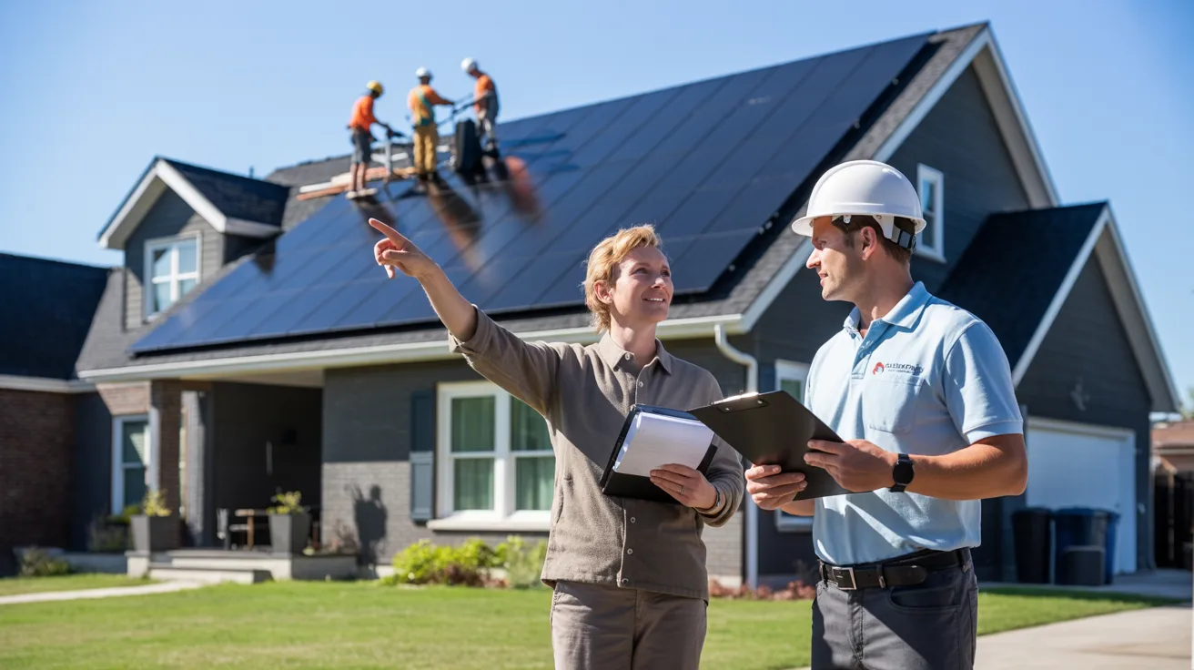 Homeowner reviewing rooftop solar installation plans with a contractor outside a modern house with solar panels.
