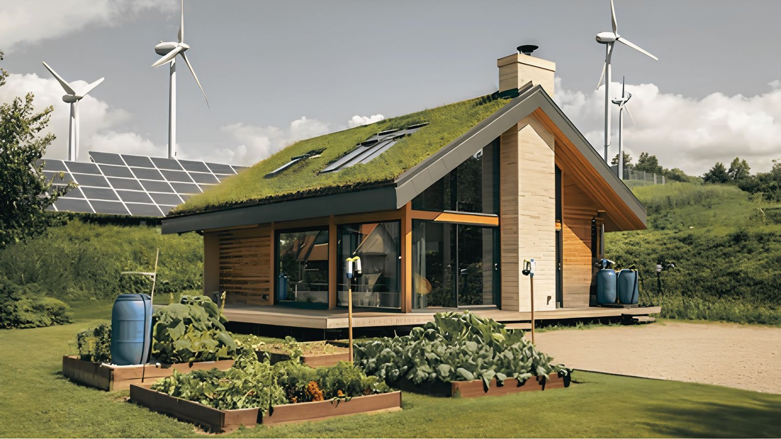 Modern sustainable prefab homes in an eco-friendly neighborhood with solar panels and energy-efficient features.