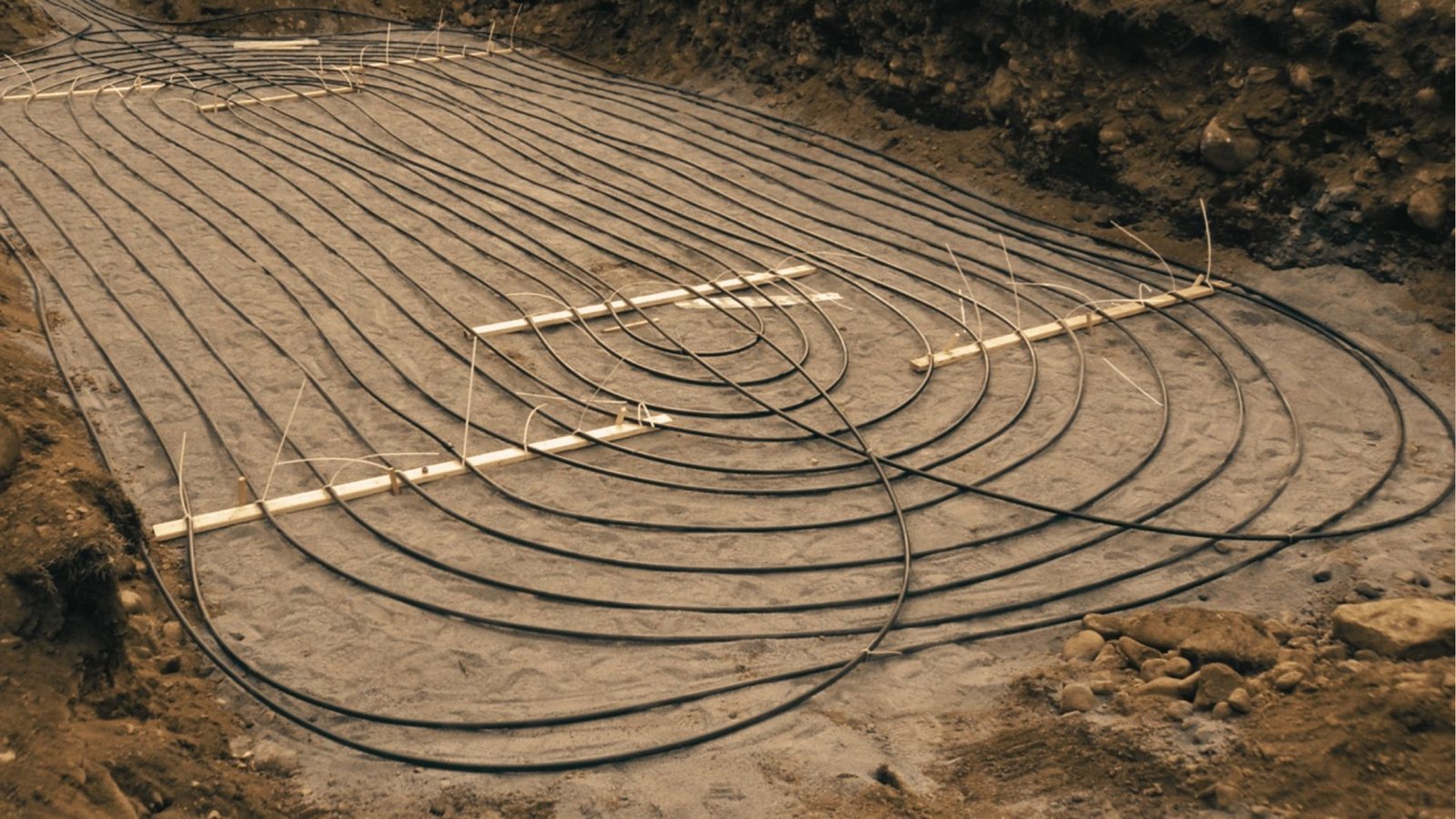 Black geothermal piping arranged in wide, overlapping coils inside a shallow excavated pit.