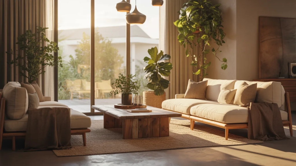 A cozy living room featuring a couch, coffee table, and several indoor plants.