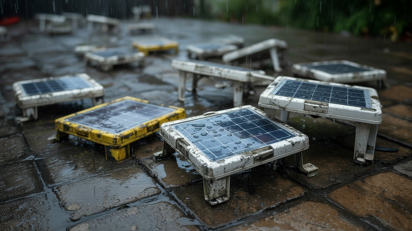 Solar-powered portable charging stations set up outdoors, providing eco-friendly power for devices in a public space. 
