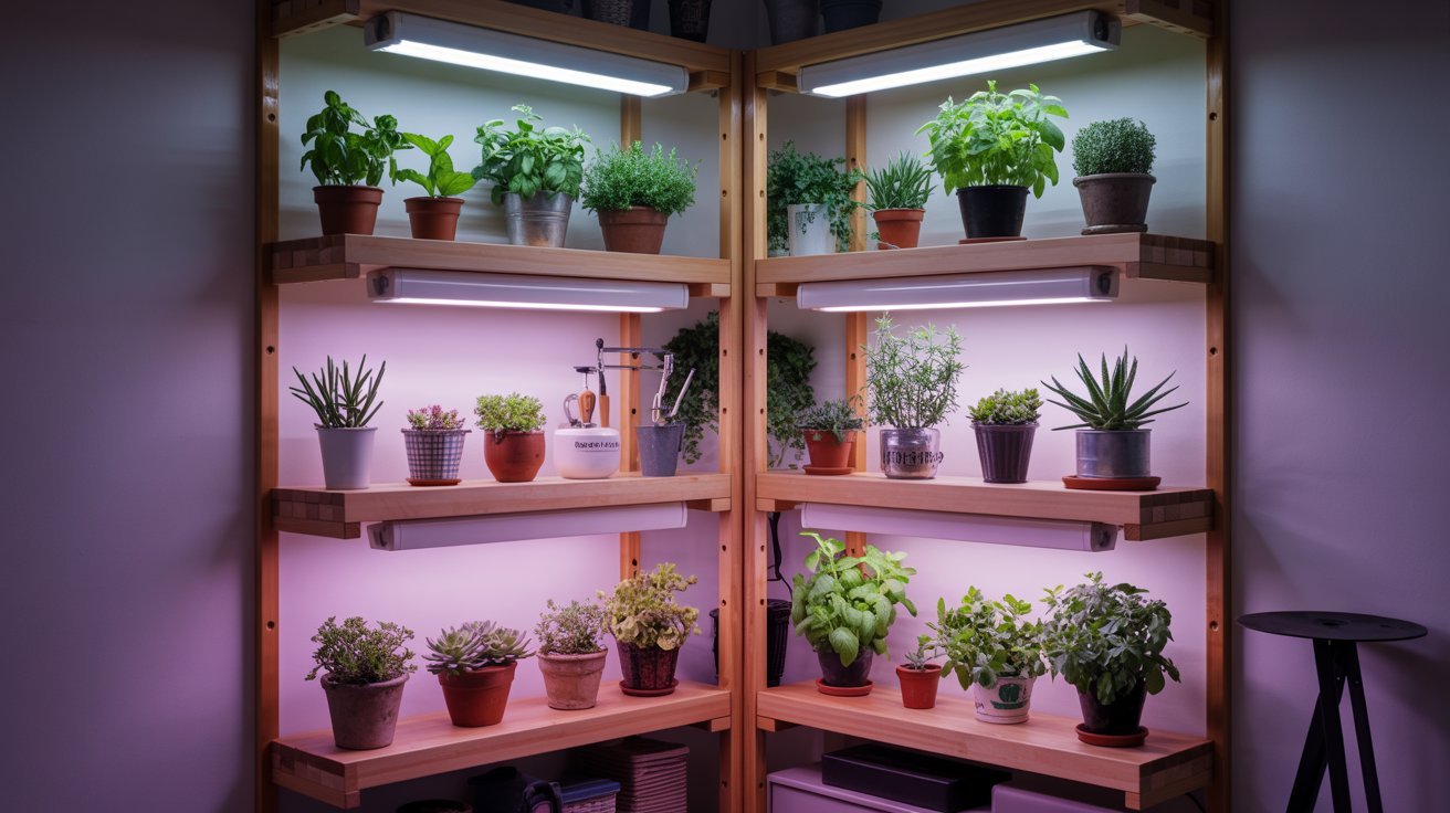 Compact indoor greenhouse setup with shelves and grow lights in a small home space.
