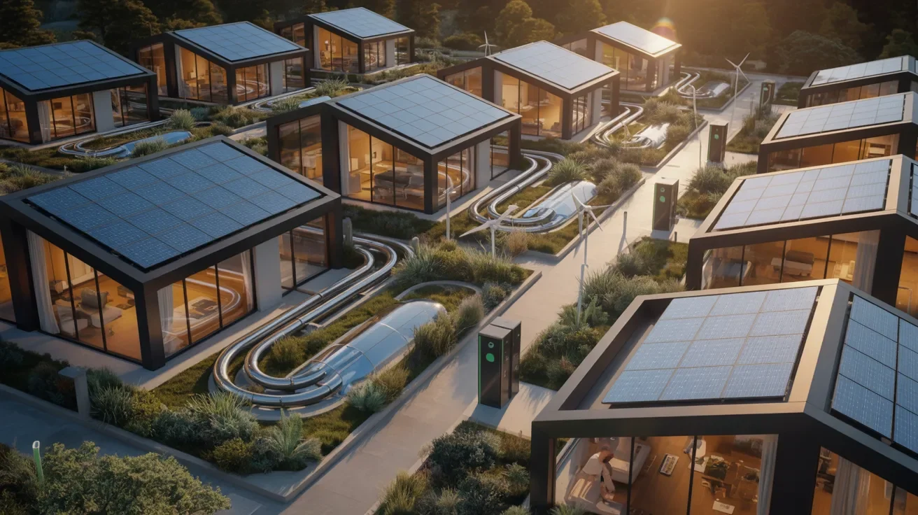 Modern neighborhood using geothermal heat pumps and rooftop solar energy systems