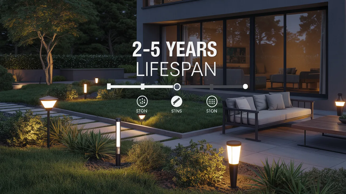 A garden featuring a patio illuminated by a solar light, highlighting its eco-friendly design and longevity.
