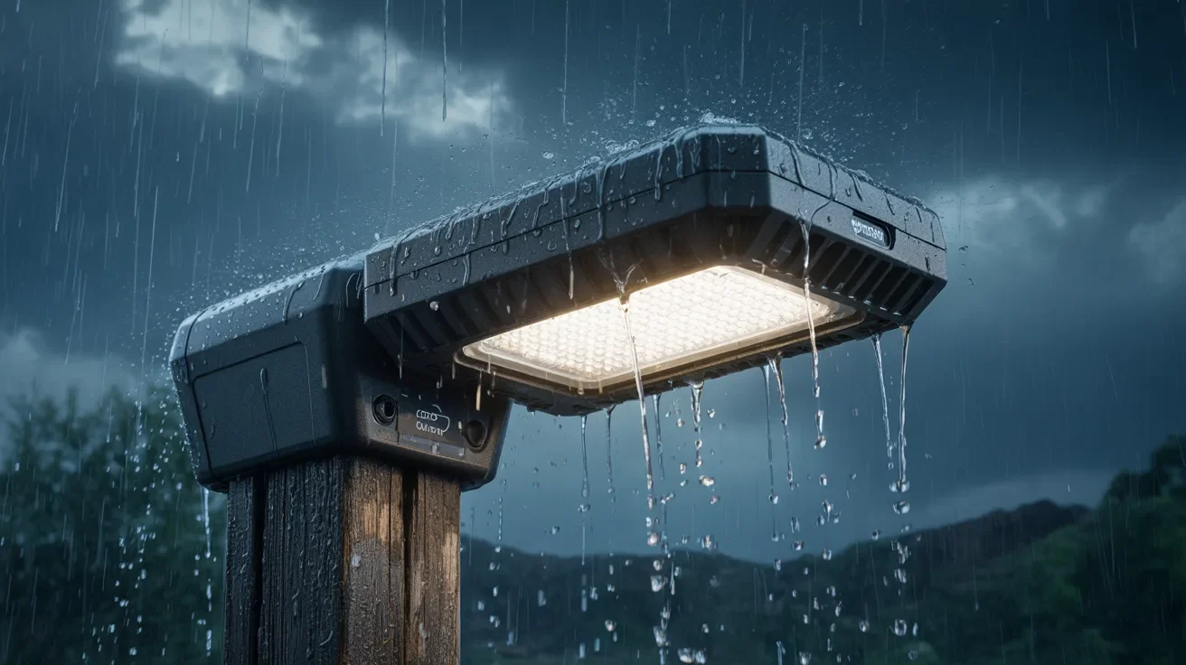A street light illuminated by rain, droplets cascading down its surface, creating a reflective, glistening effect.