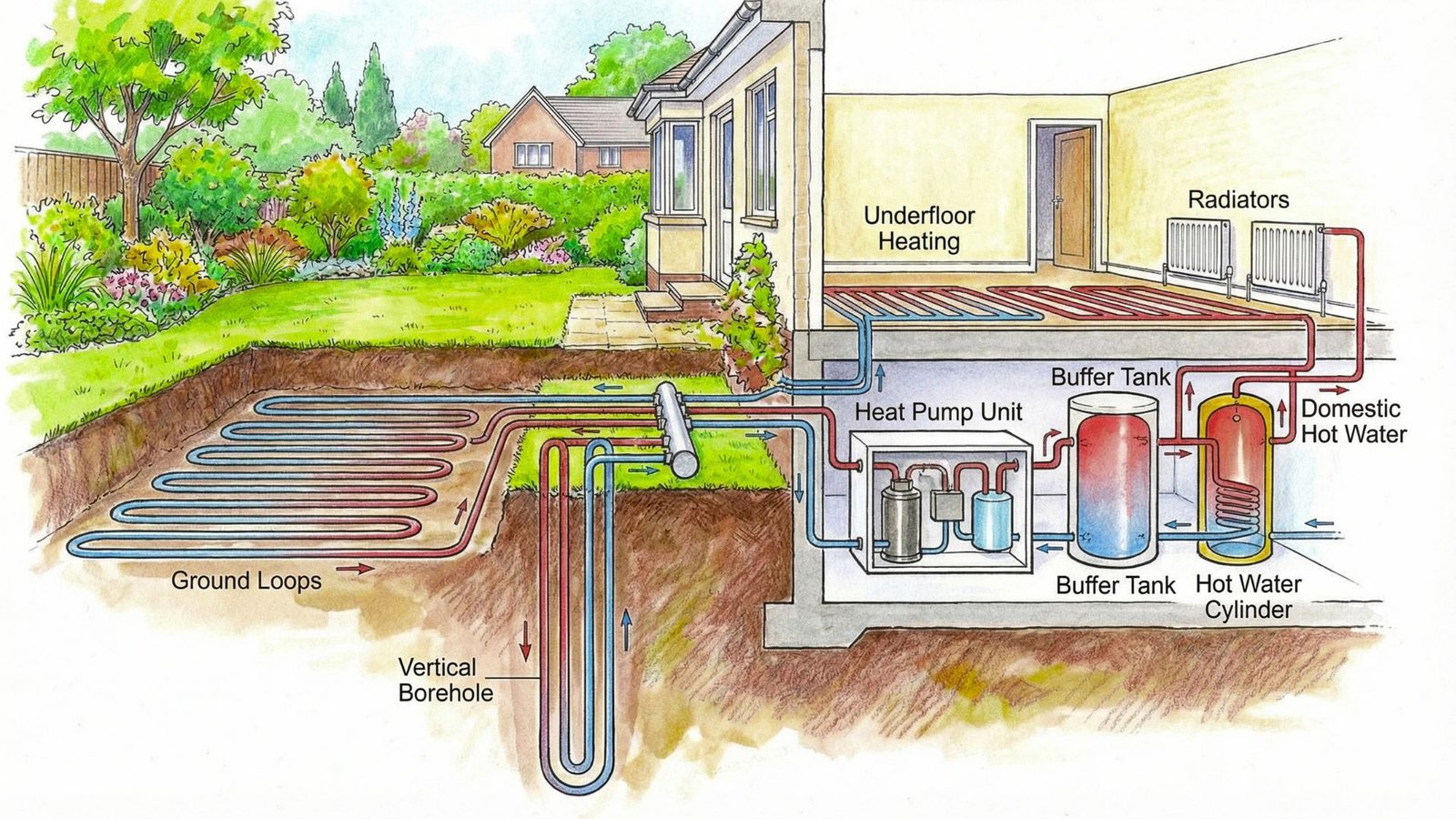 Schematic of a home heating system, showing key elements like the boiler, radiators, and heat distribution network .