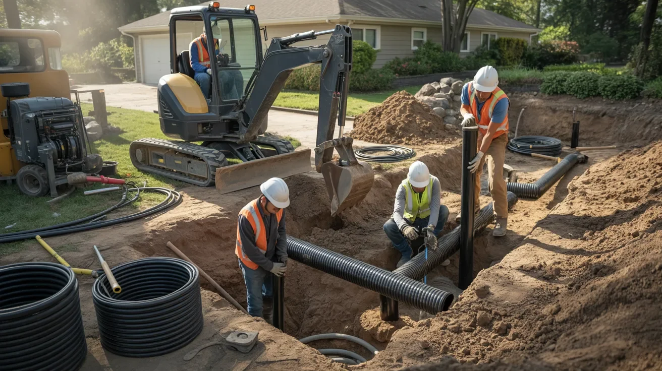 Construction crew installing geothermal ground loops in a residential yard 
