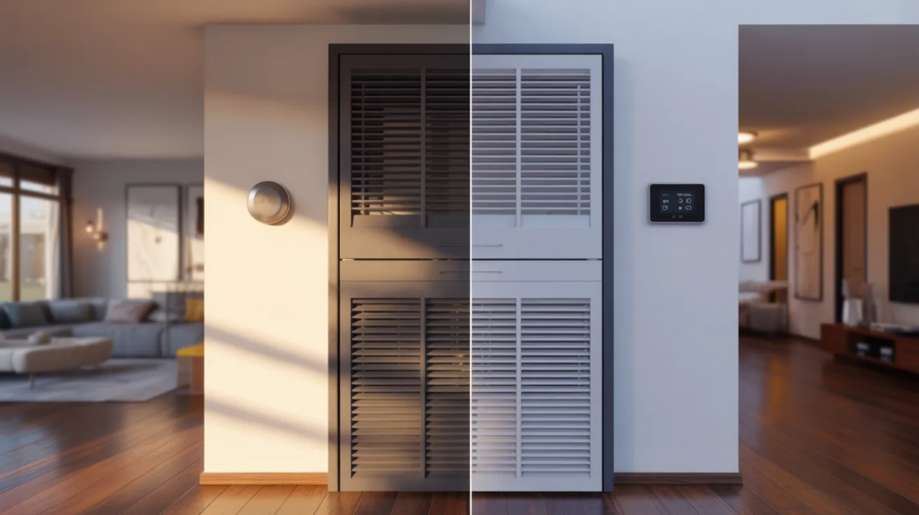 Modern home comparing single-stage and two-stage thermostat comfort and HVAC performance