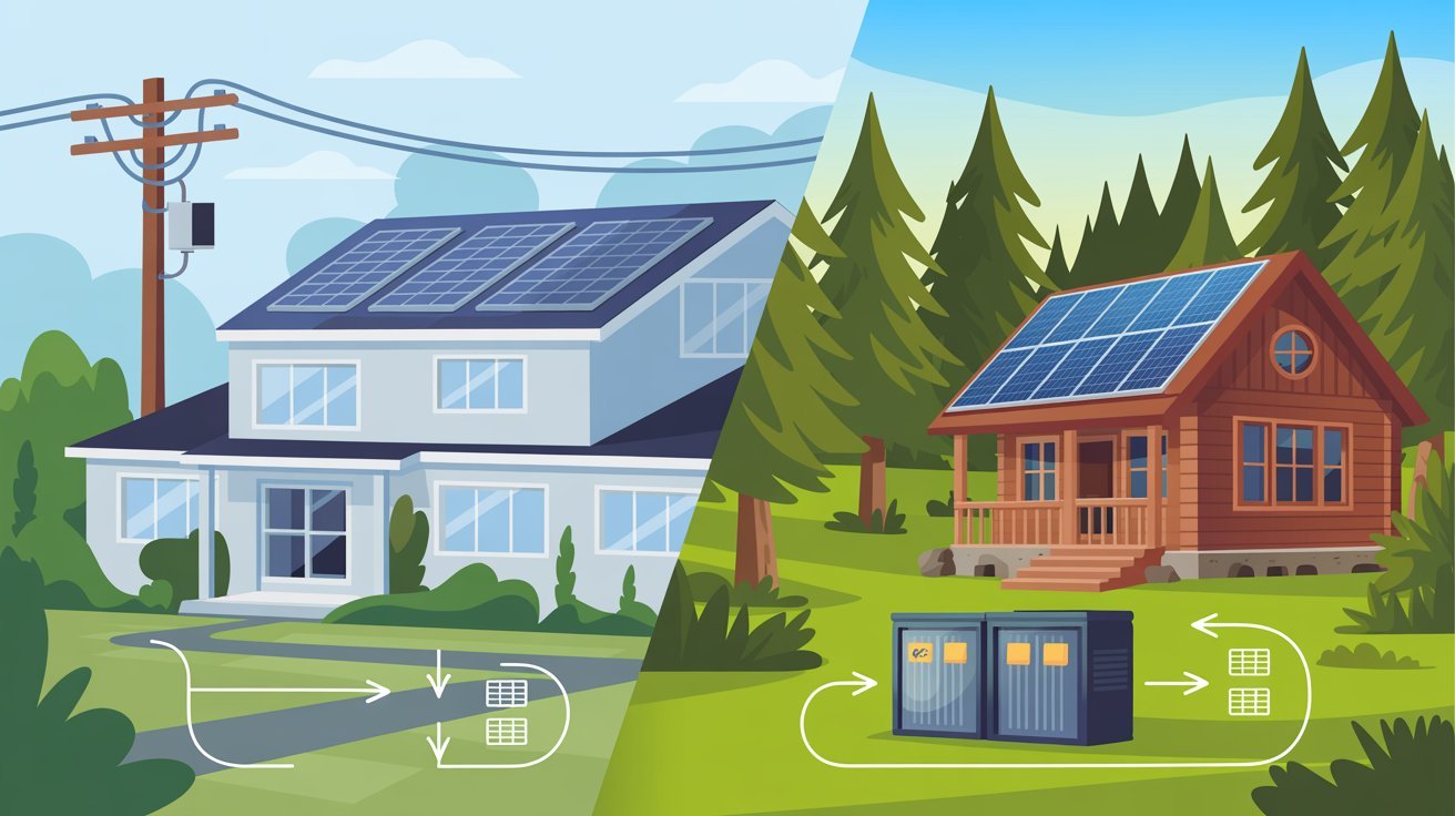 Comparison between grid-tied and off-grid solar systems.