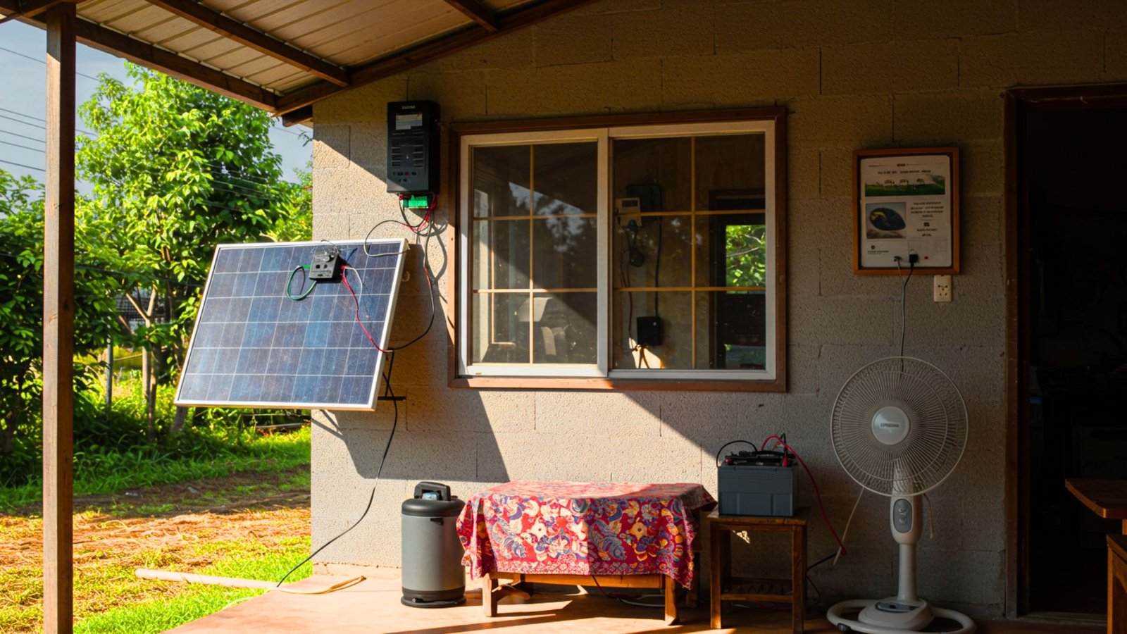 A compact house equipped with a fan and a solar panel, showcasing eco-friendly energy solutions for mobile homes. 
