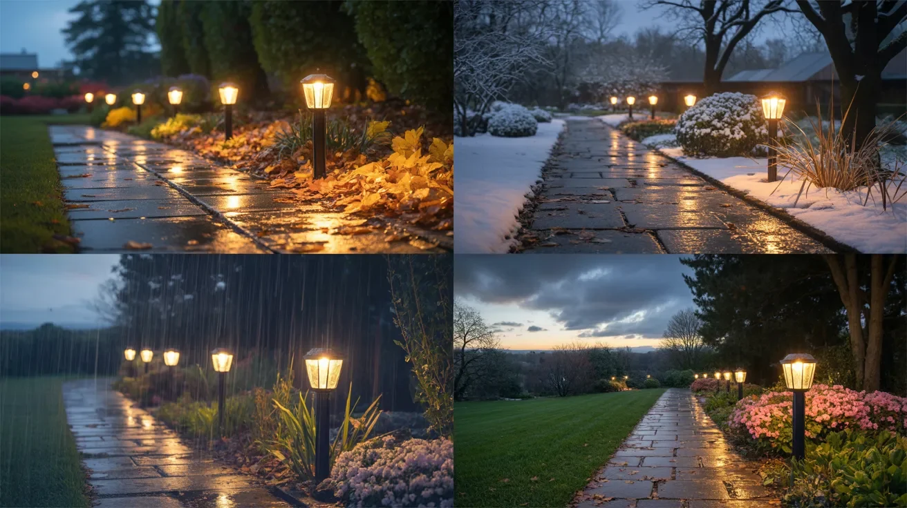 Four images of a solar-lit pathway at night, showcasing the warm glow and ambiance created by the lights.