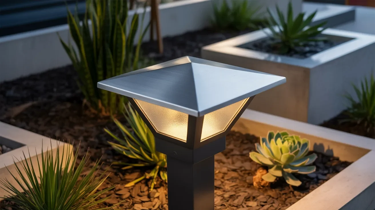 A modern outdoor light stands tall, with a small green plant in the foreground, enhancing the serene outdoor ambiance.