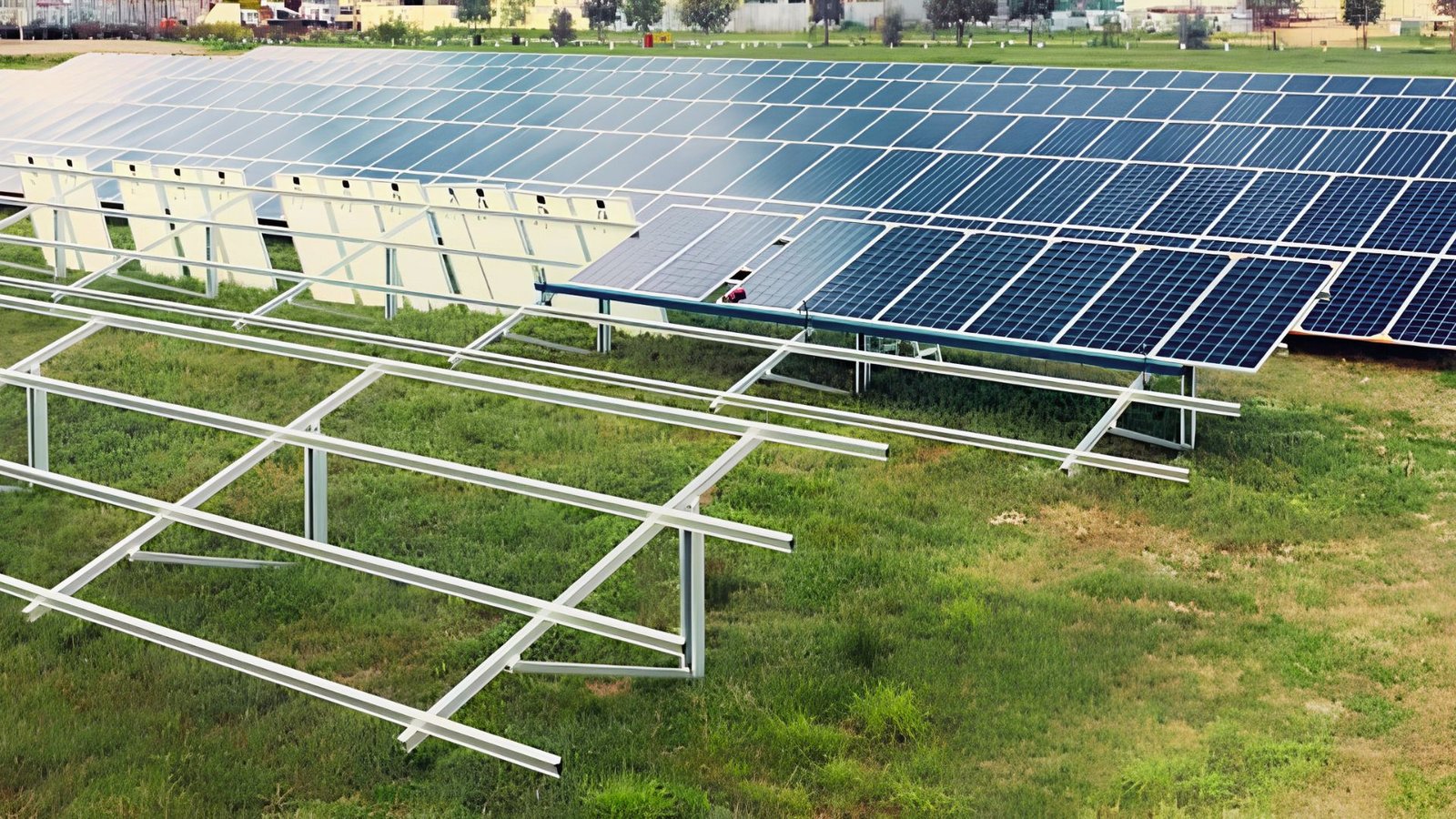 Ground-mounted solar panel system planned on new home construction open property land. 
