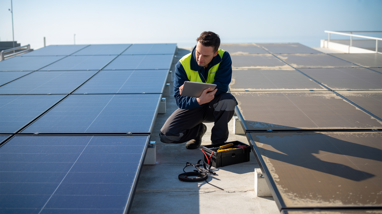  Solar technician inspecting rooftop solar panels to evaluate their condition, performance, and maintenance quality.