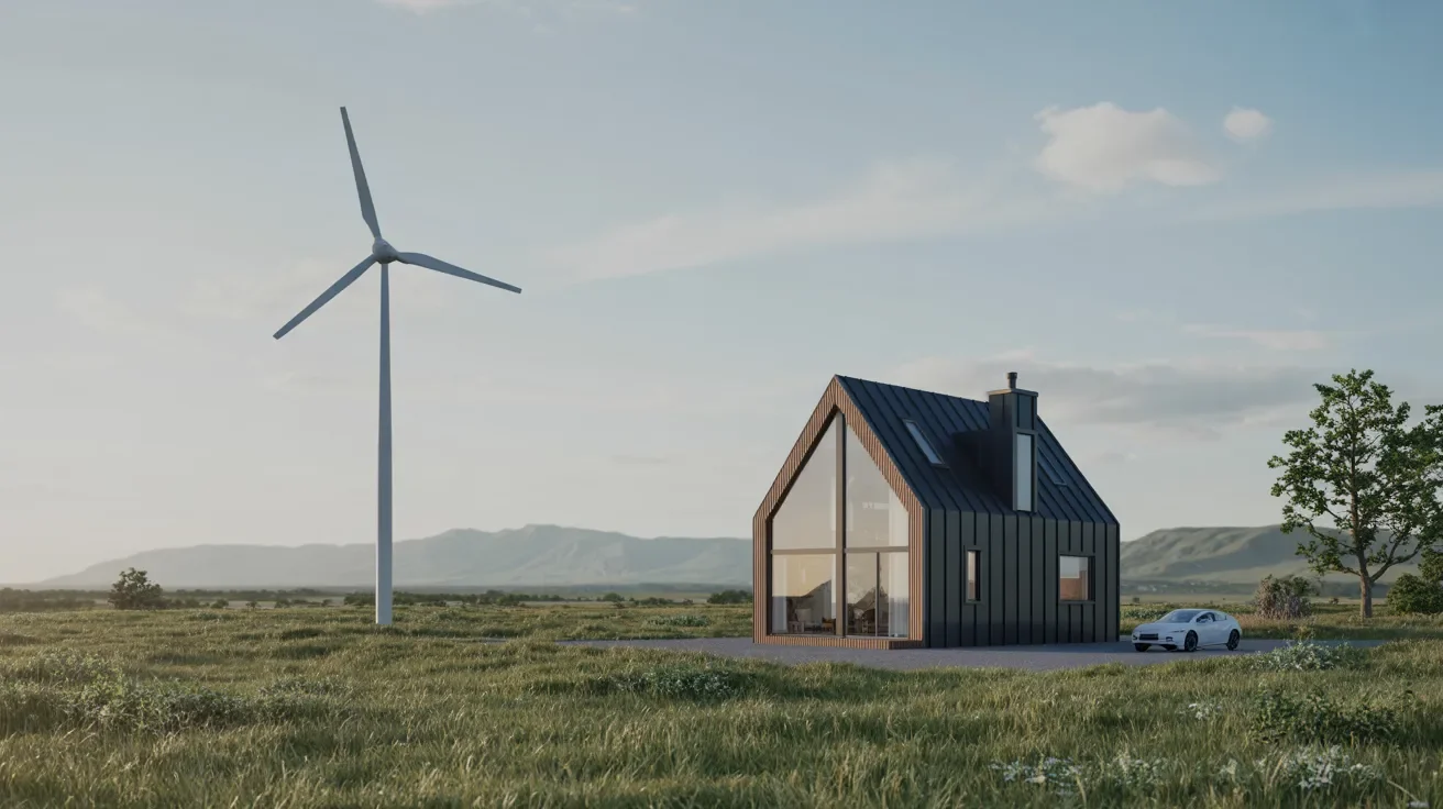 A small house surrounded by a field, featuring a wind turbine prominently positioned in the center.