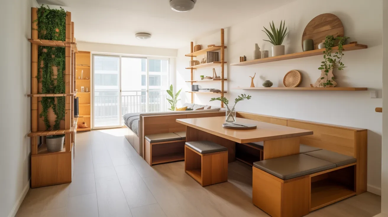 A small apartment featuring a cozy kitchen and dining area, designed for efficient living and dining.
