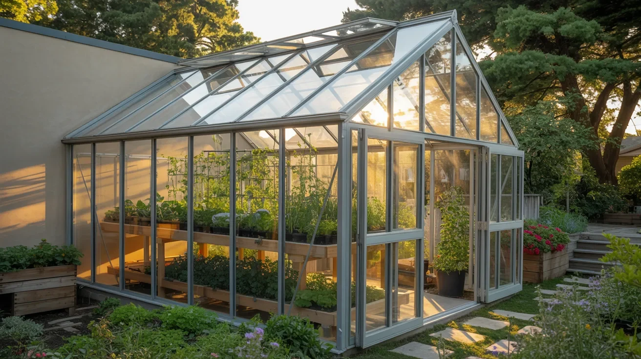 A greenhouse filled with various plants thriving in sunlight, showcasing vibrant greenery and healthy growth.