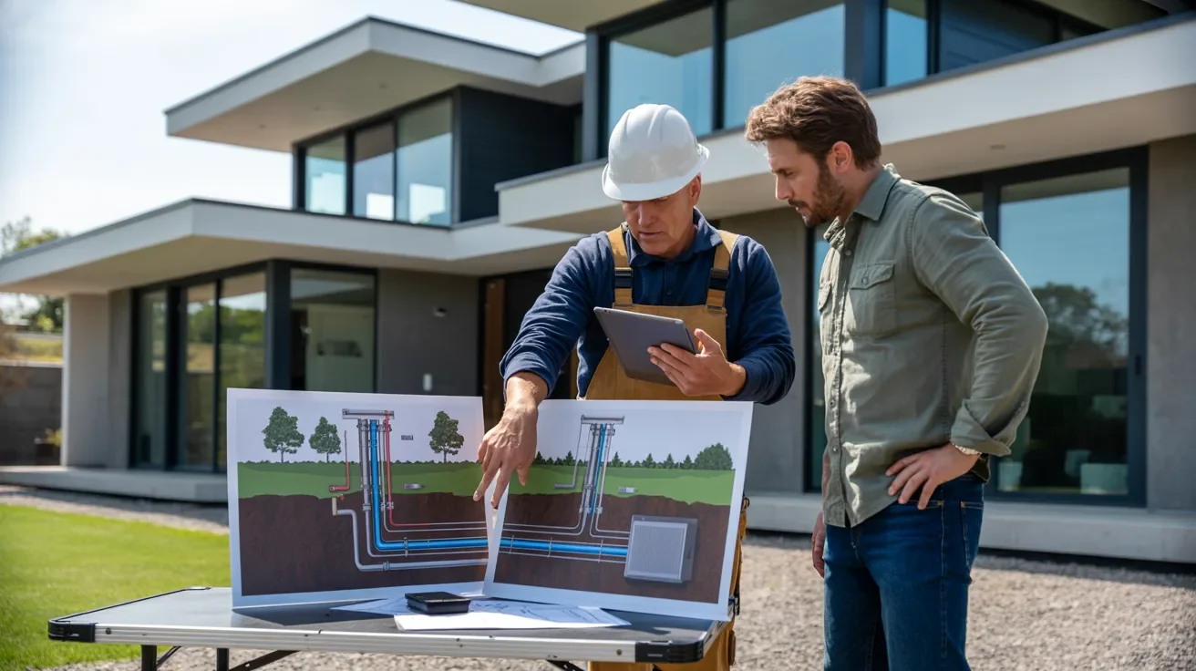 Two men stand in front of a house, examining a blueprint together