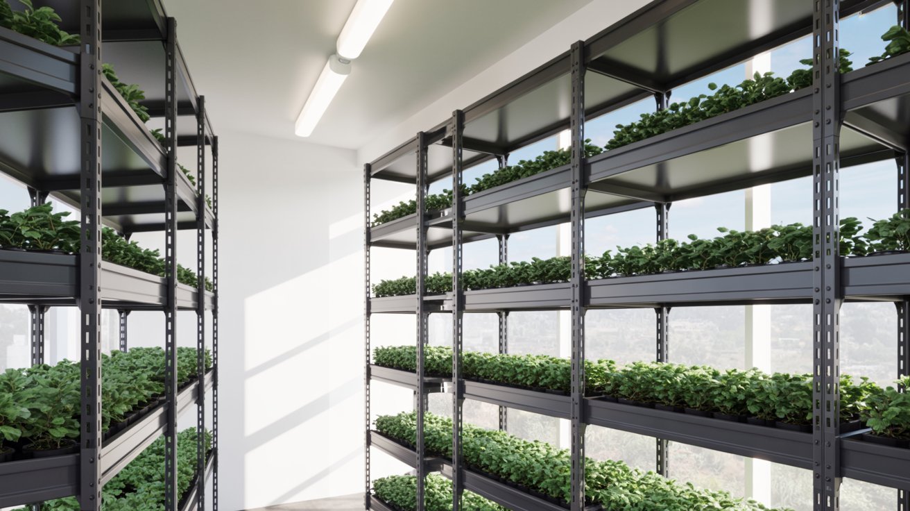 Modern indoor greenhouse room with steel shelves and vertical plant displays.