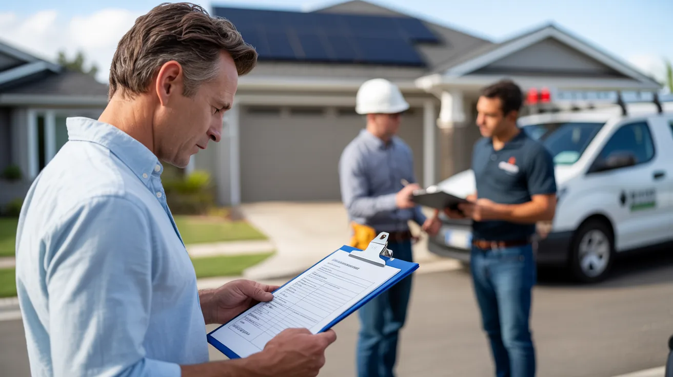 Homeowner reviewing roof warranty paperwork while solar contractors discuss installation outside a house with rooftop solar panels