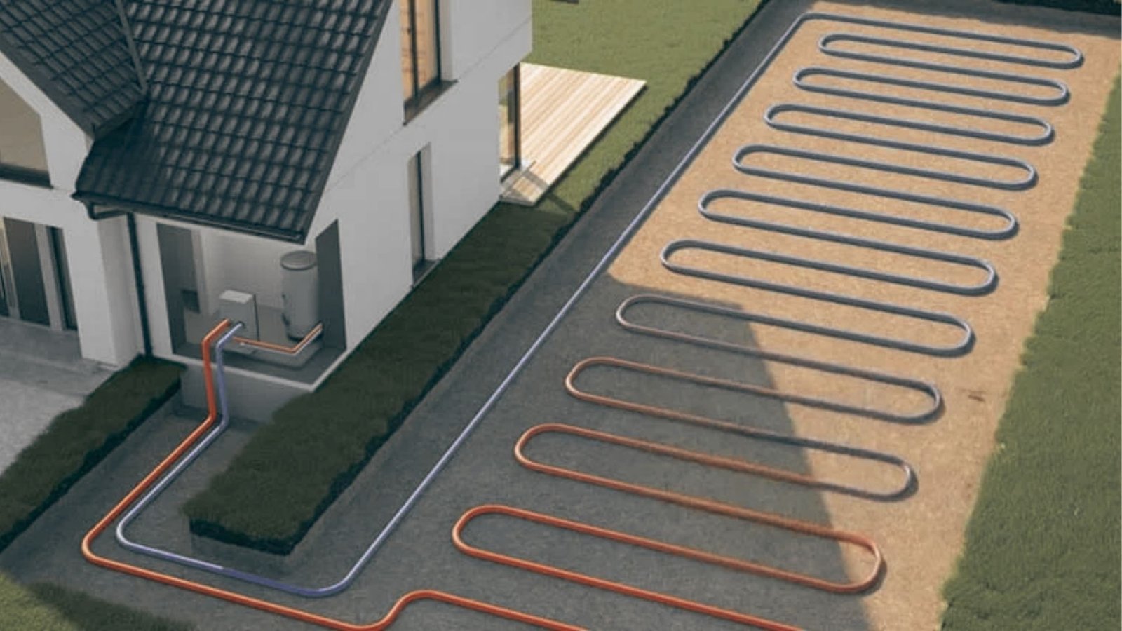 3D cutaway of a modern house with an indoor heat pump unit connected to orange and blue pipes