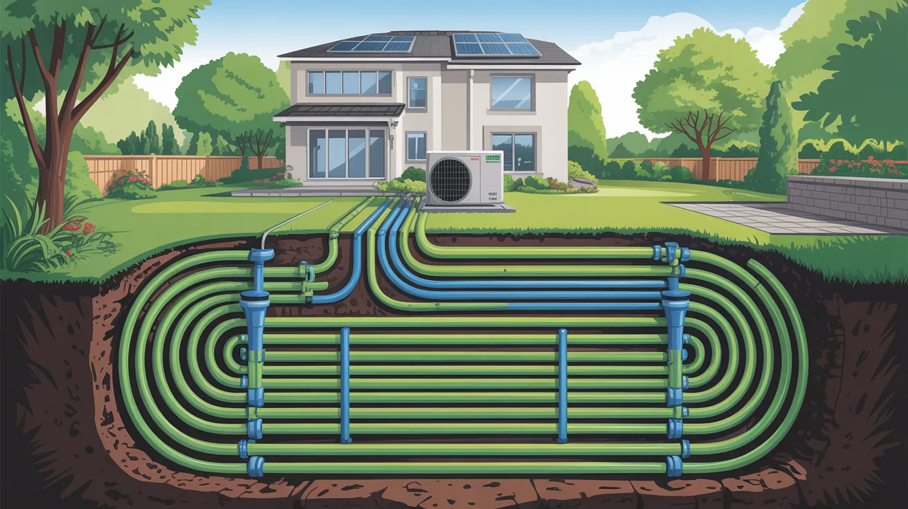 Horizontal geothermal loop system with underground trenches and piping installed across a large residential property
