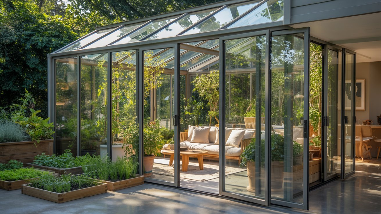 Glass greenhouse room with floor-to-ceiling windows and indoor plants.