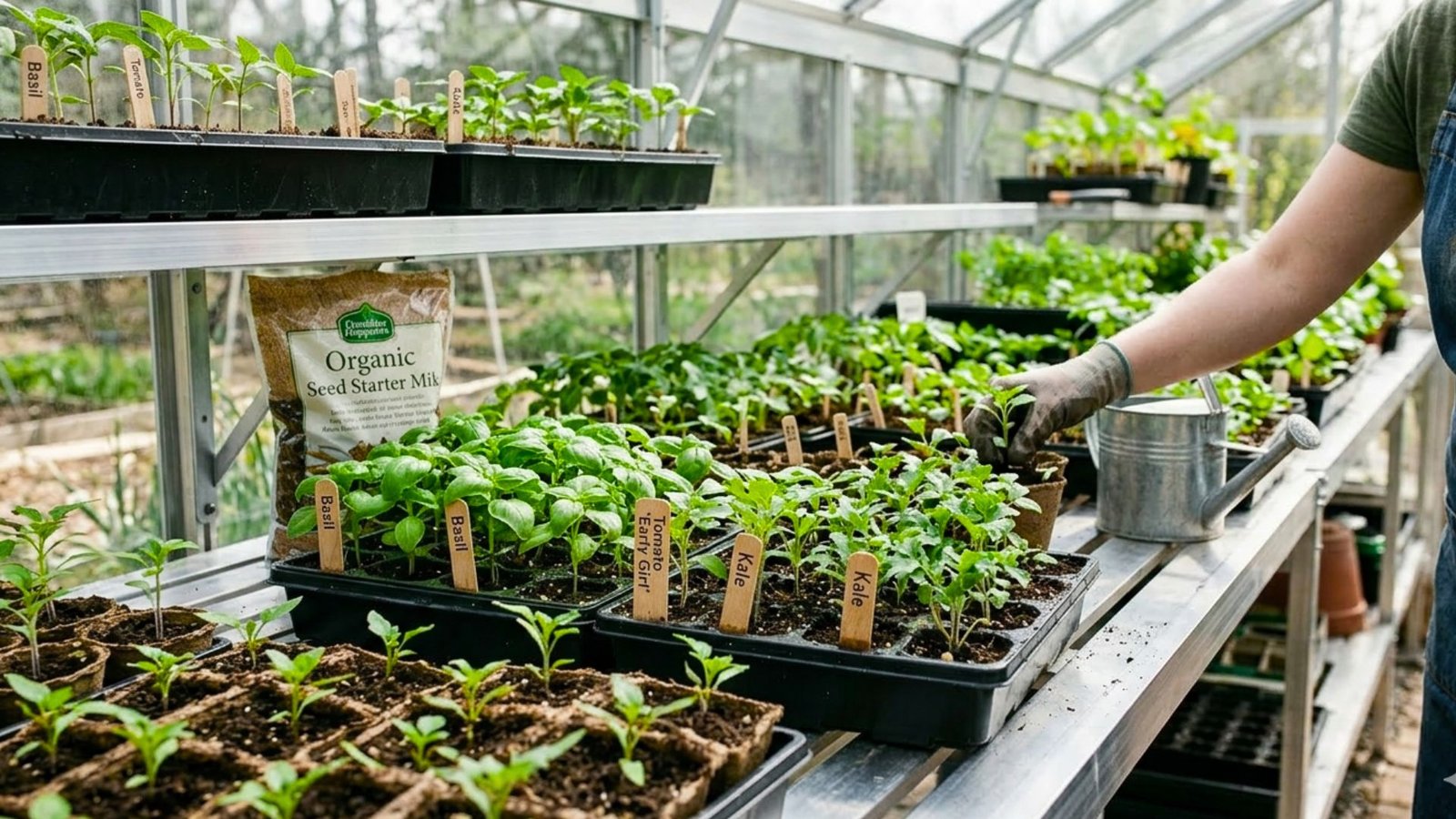 Tomato, basil, herb, and kale seedlings growing in greenhouse trays.