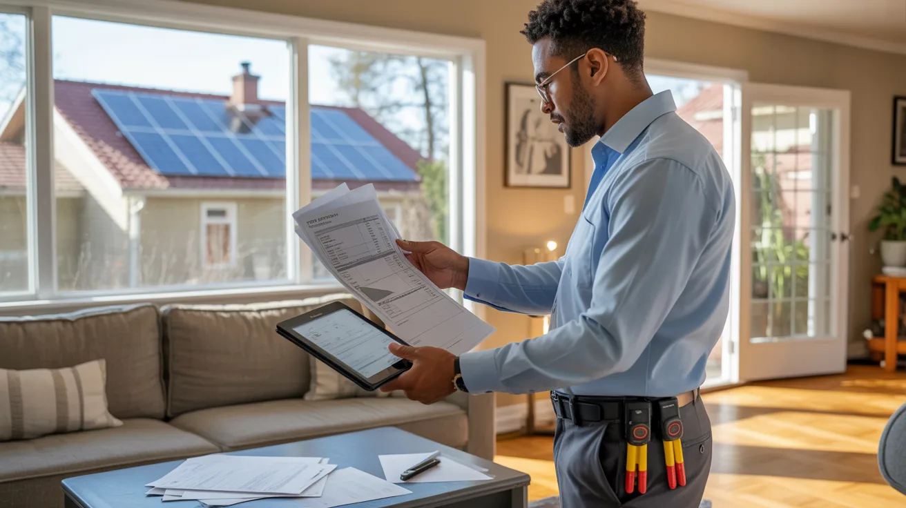 Home energy auditor inspecting a house and reviewing energy usage for solar planning 
