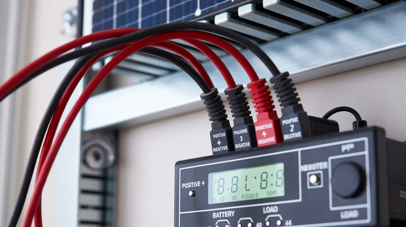 Solar panel wires connected to an MPPT charge controller with labeled positive and negative terminals.