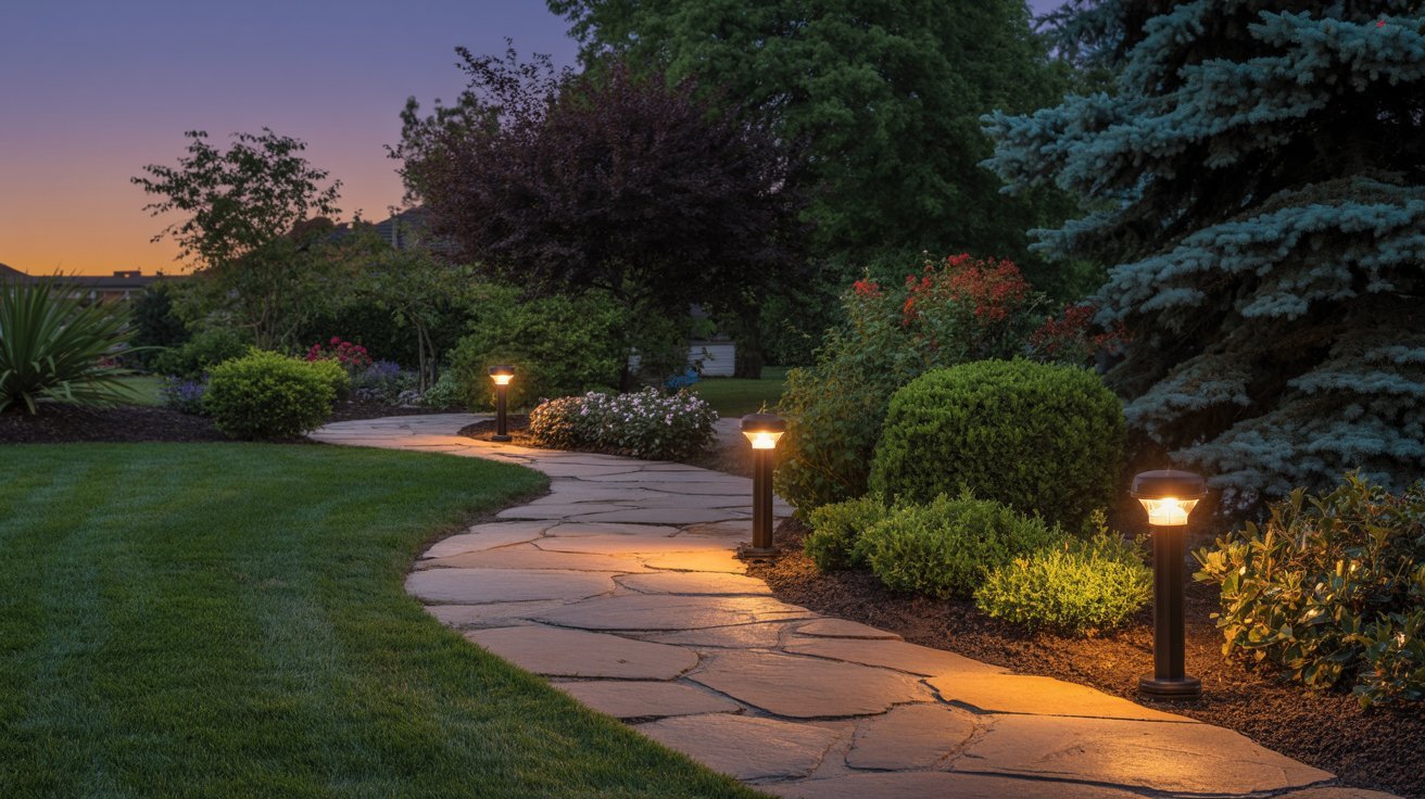 A well-lit pathway surrounded by landscaped greenery, creating an inviting atmosphere for evening strolls.