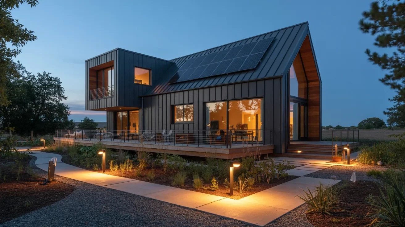 A modern home featuring solar panels on the roof, highlighting sustainable energy solutions for a greener future