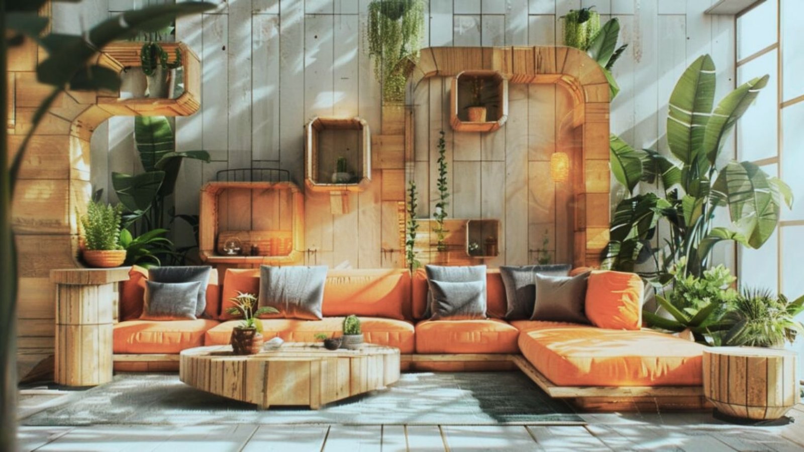 Modern eco-friendly living room featuring sustainable wooden furniture, natural fabrics, indoor plants, and minimalist decor.