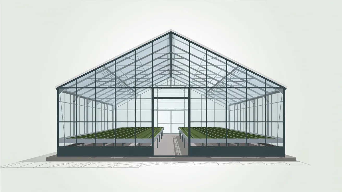 Greenhouse filled with various plants, showcasing a vibrant and lush indoor garden environment.
